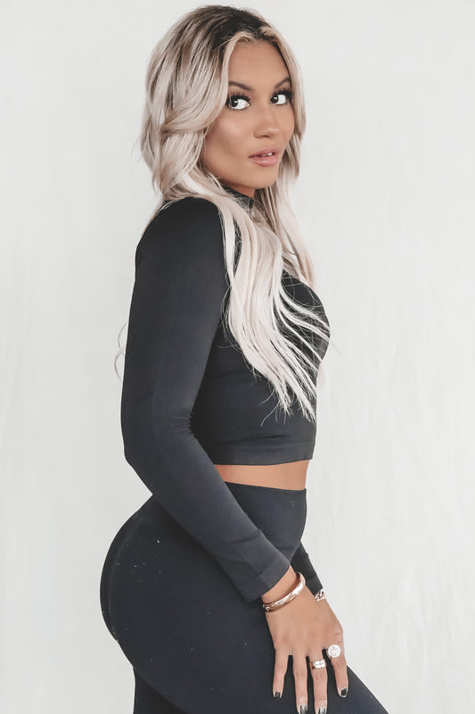 Just Here To Hang Black Long Sleeve Mock Neck Top