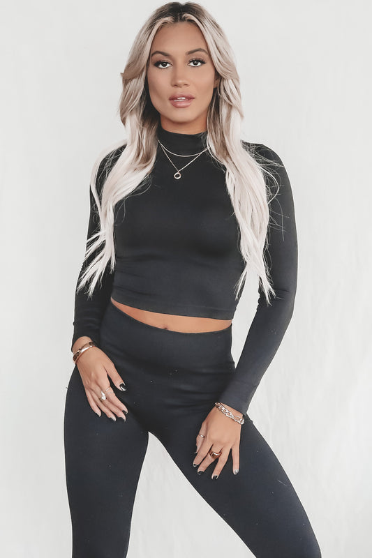 Just Here To Hang Black Long Sleeve Mock Neck Top
